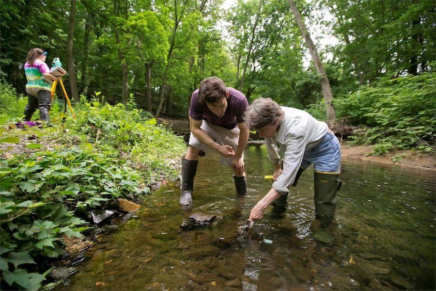 两个环境科学专业的学生穿着水靴站在小溪里试水.